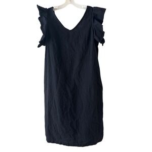 Shift Mini Dress Large Black V-Neck Ruffle Cap Sleeve Tie Back Summer Casual LBD